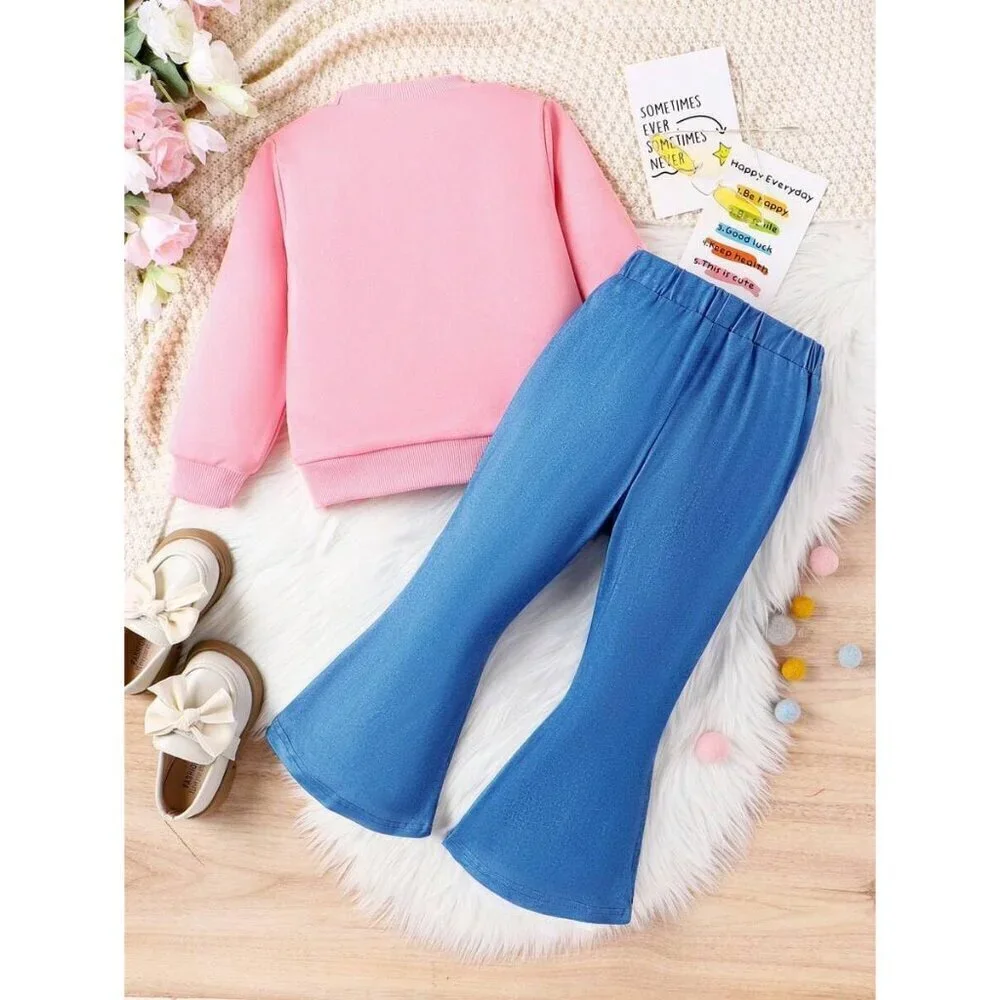 Toddler Girl Clothes Long Sleeve Cartoon & Letter Graphic Top + Fruit Stationery
